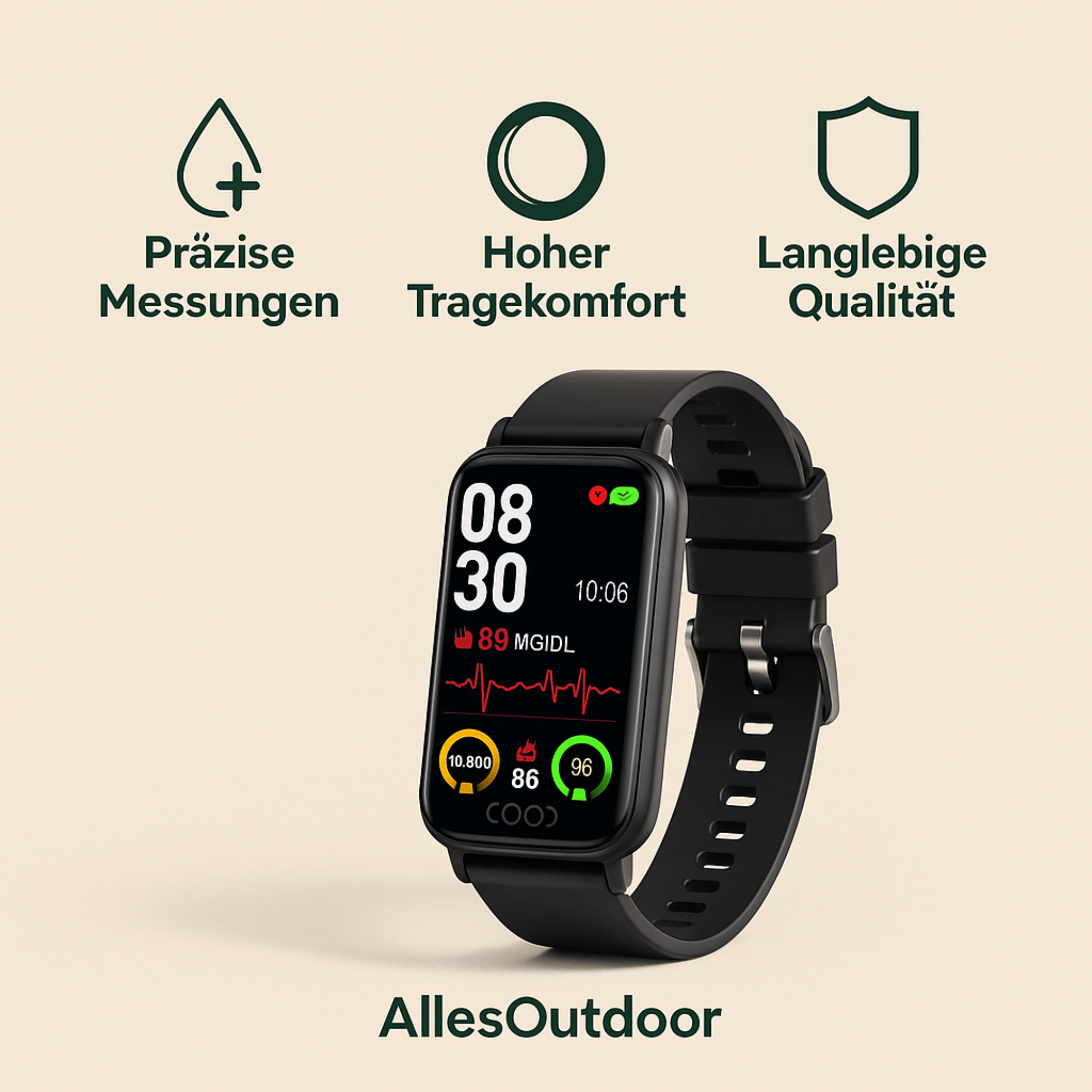 GlucoTrack – Smartwatch zur Glukose- & Blutdruckmessung | Gesundheitsuhr mit Herzfrequenz & IP68 wasserdicht | Ideal für Alltag & Senioren.