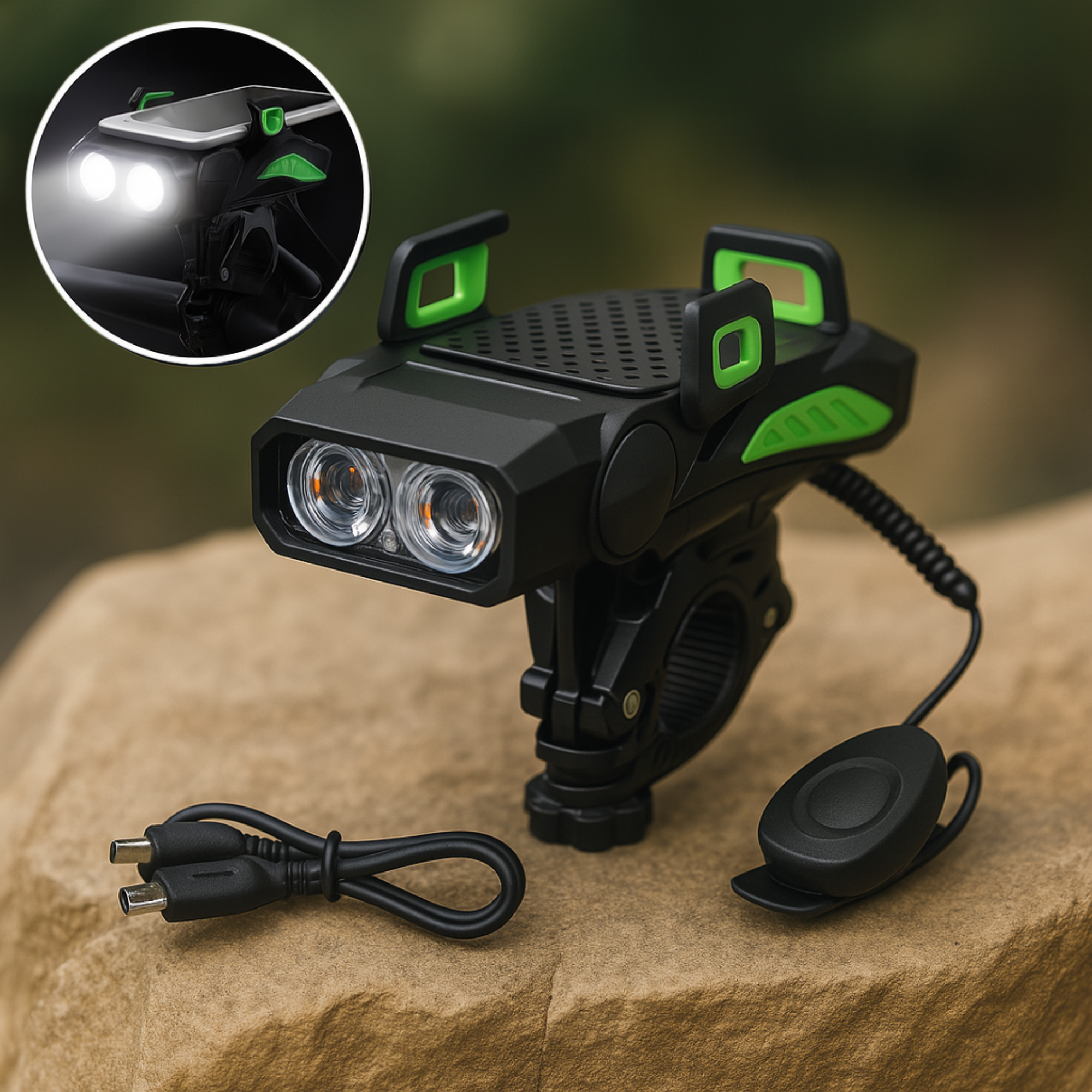 SafeVolt – 4-in-1 Fahrrad Handyhalter mit LED Licht & Powerbank | USB Hupe & rutschfest | Für MTB & Citybike Sicherheit
