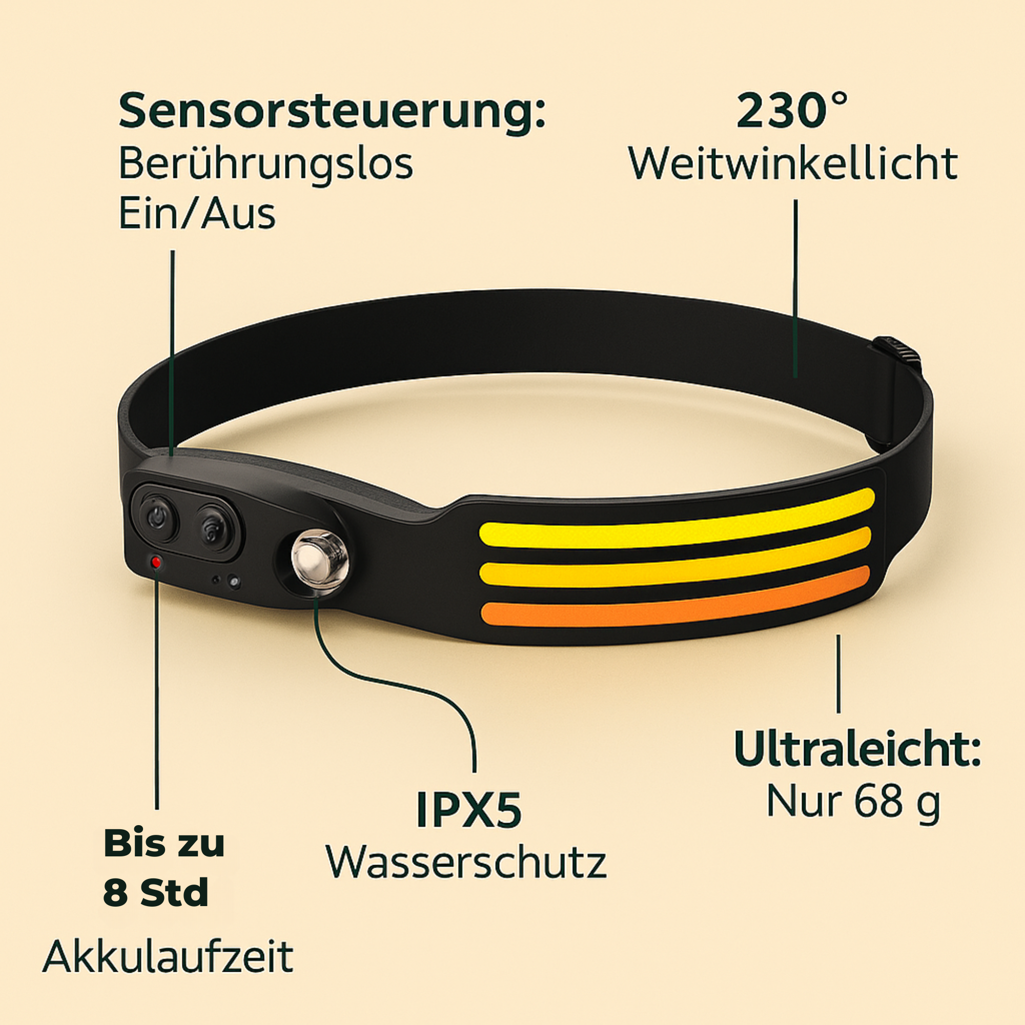 TrailGuard – Stirnlampe Sensor gesteuert | 230° Weitwinkel ultraleicht wasserdicht | Für Joggen Camping Outdoor
