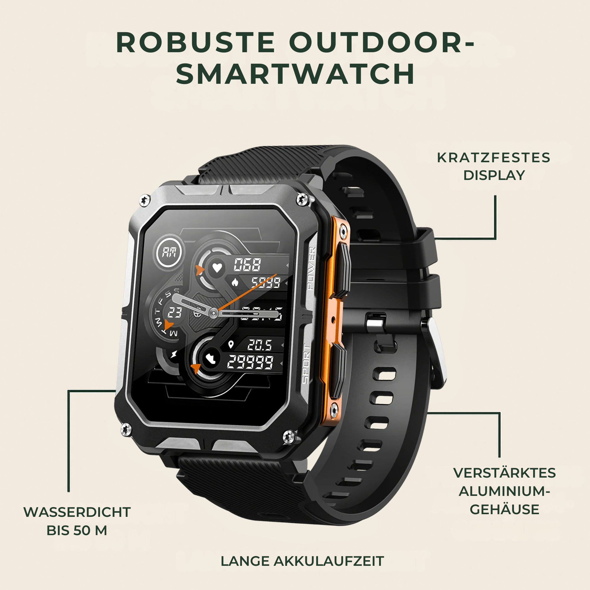 RobuX – Robuste Smartwatch | Stoßfest & IP68 | Langlaufend Akku | Baustelle & Outdoor