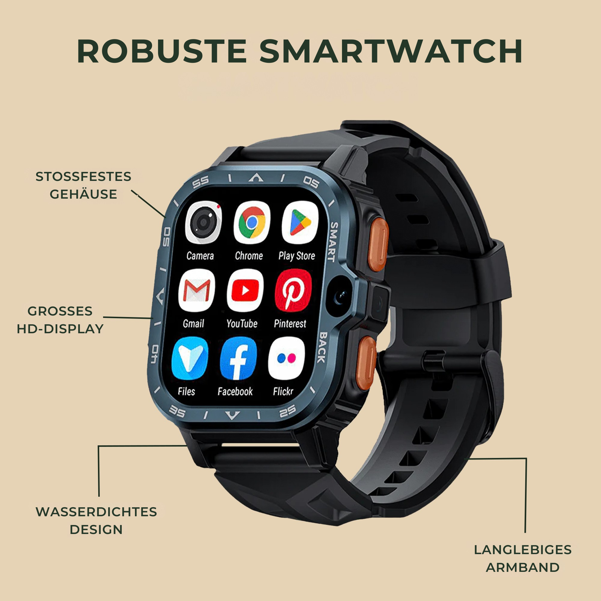 Vextro – SIM Smartwatch | Anruf & Video IP68 stoßfest | Outdoor Arbeit Herren