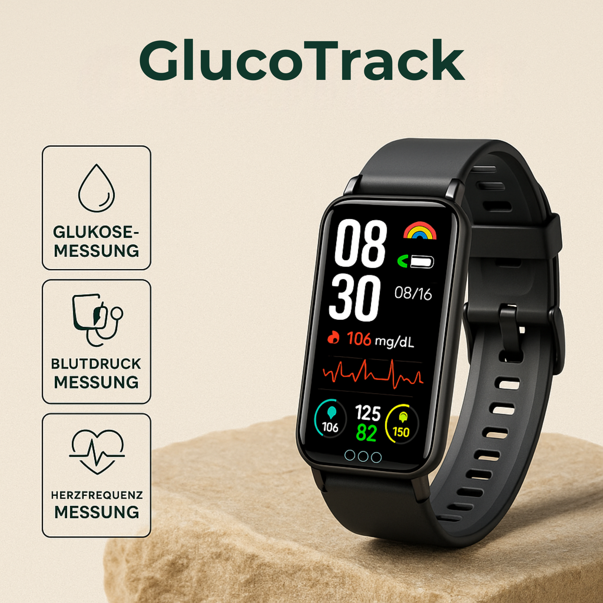 GlucoTrack – Smartwatch zur Glukose- & Blutdruckmessung | Gesundheitsuhr mit Herzfrequenz & IP68 wasserdicht | Ideal für Alltag & Senioren.