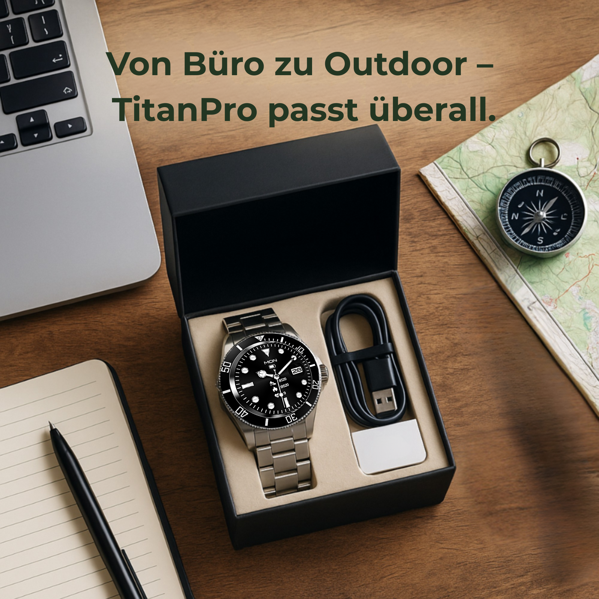 TitanPro – robuste Smartwatch | 10 Tage Akku & IP68 Edelstahlgehäuse | Outdoor Uhr für Handwerker & Sport